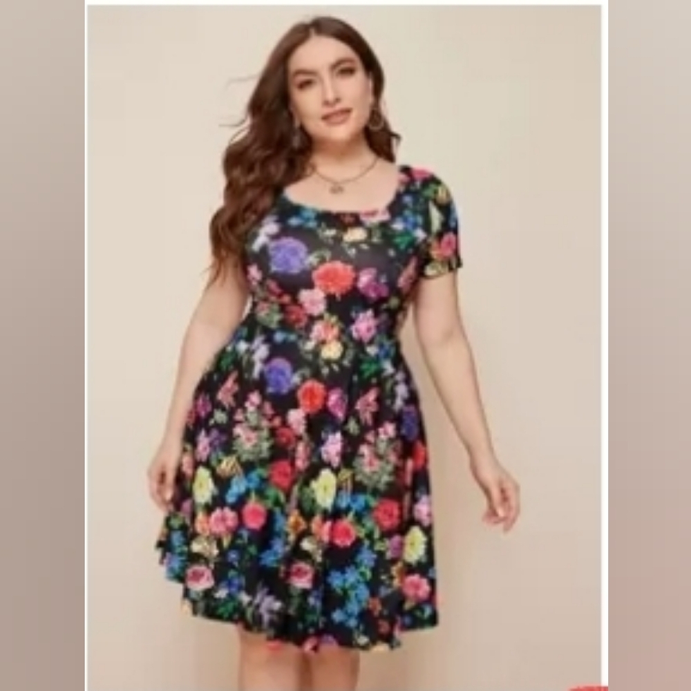SHEIN Black Floral Mini Dress with Multicolor Blooms